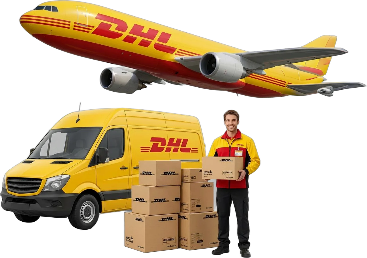 DHL courier with parked van, stacked boxes and cargo plane overhead