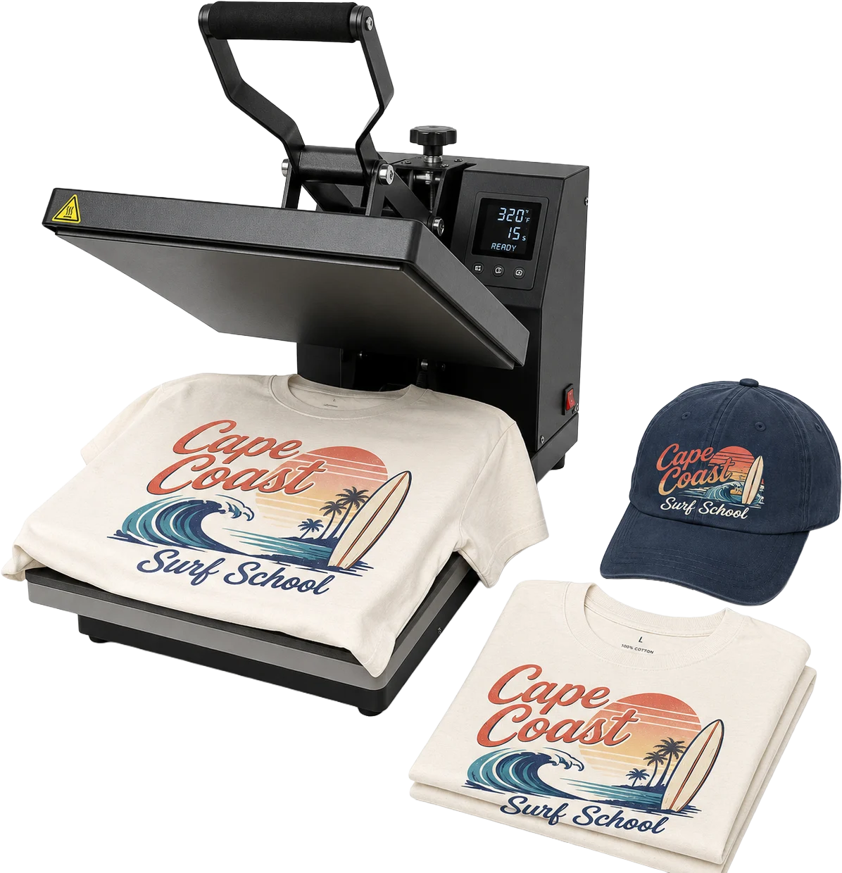 Heat press printing a Cape Coast Surf School t-shirt