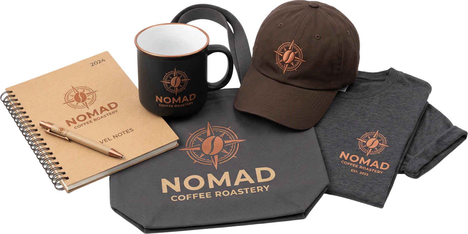 Custom-printed merchandise - t-shirt, cap, mug, tote and hoodie with tasteful one-off designs