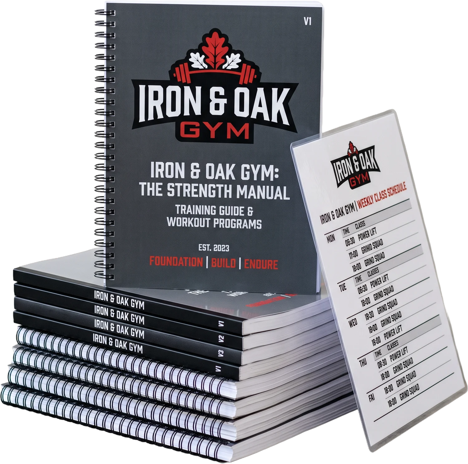 Bound and laminated Iron & Oak Gym manuals