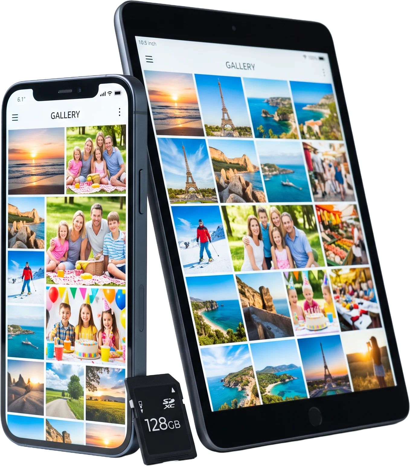 Phone, tablet and memory card showing photo galleries on their screens