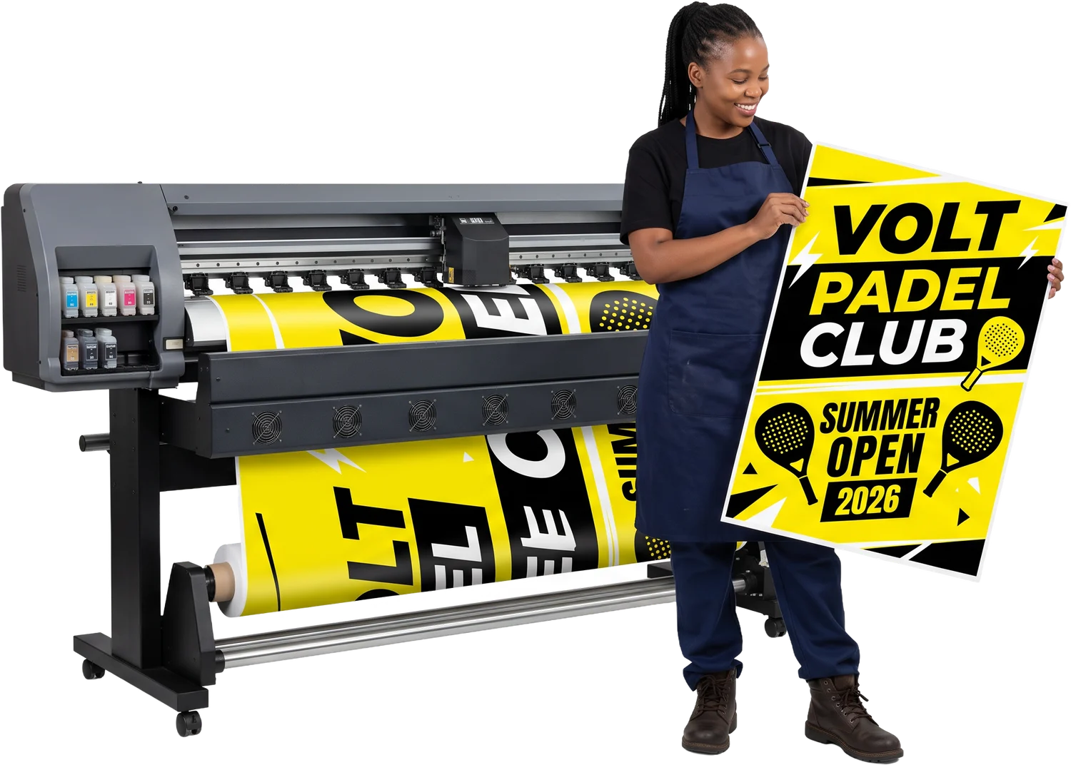 Print-shop team member holding a huge Volt Padel Club A0 poster with the wide-format printer behind
