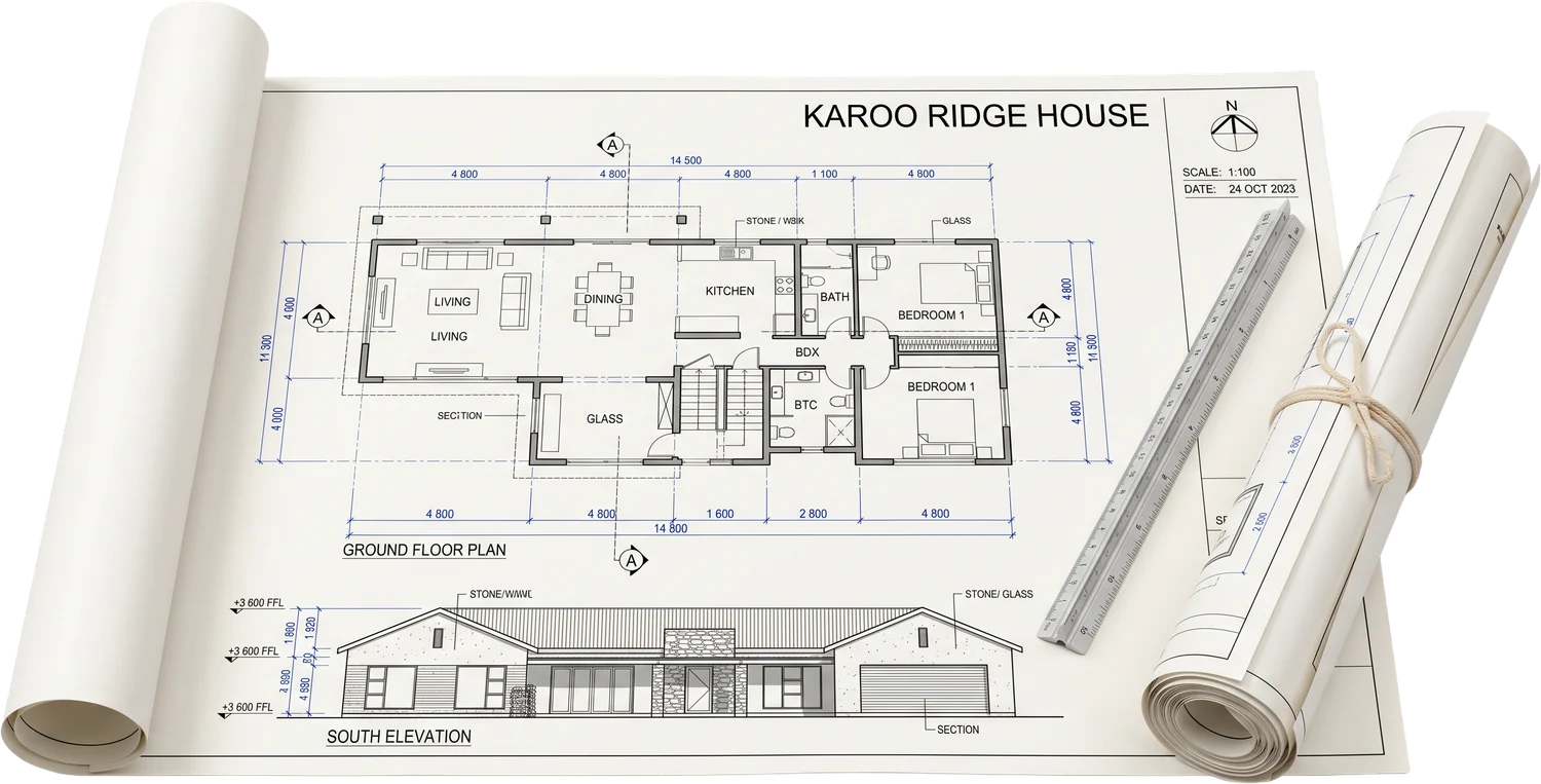 Architectural floor plan with rolled plan tubes