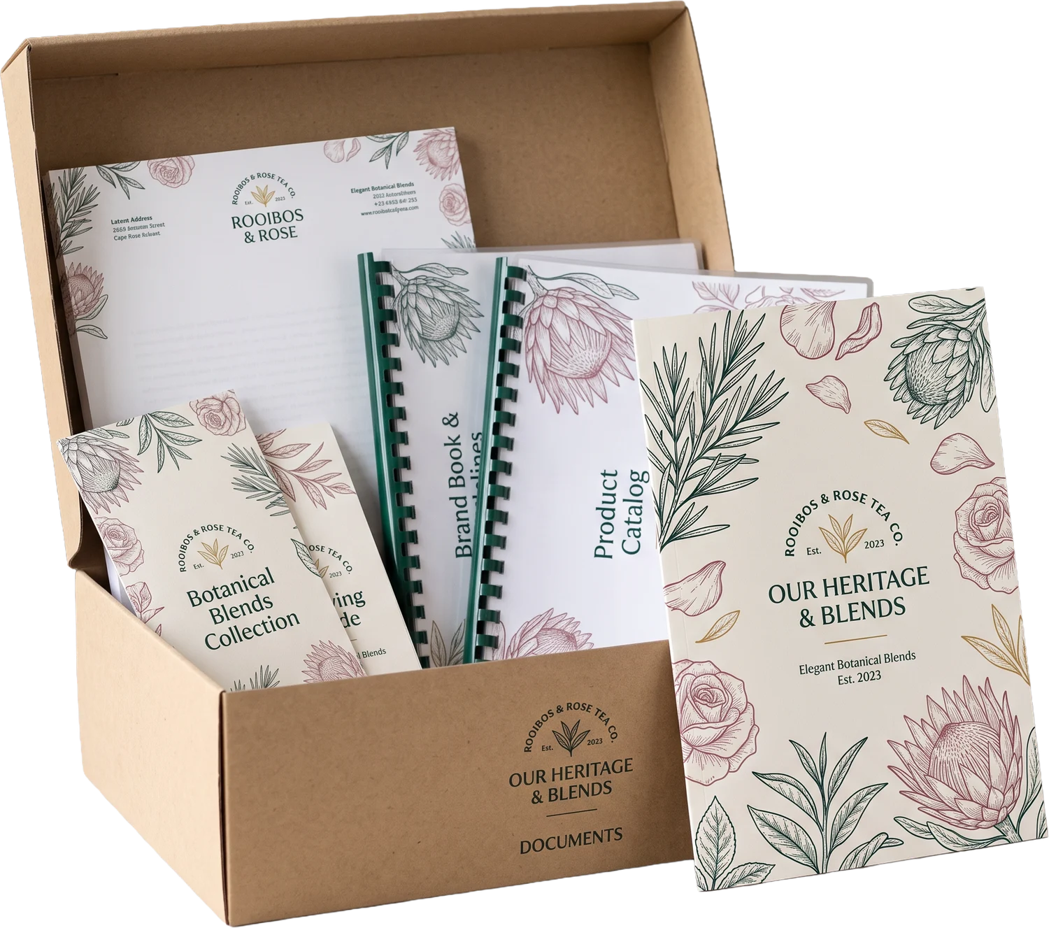 Rooibos & Rose Tea Co. letterheads and comb-bound documents