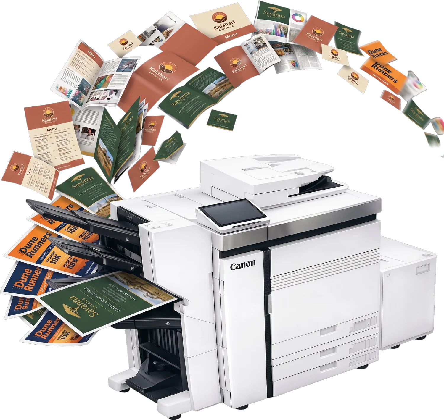 Production press with a river of vivid printed brochures, flyers and photos flying out in an arc